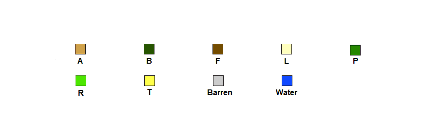 Legend for fuel model map. Tan cells are model A, dark green cekls are model B, brown cells are model F, cream cells are model L, medium green cells are model P, lime green cells are model R, and yellow cells are model T. Gray cells are barren, and blue cells are water.