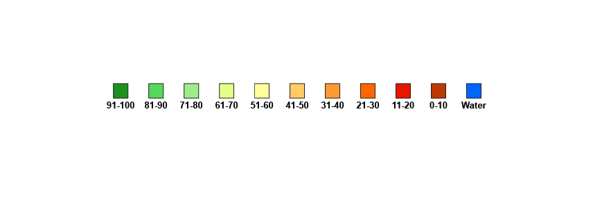 Legend for Relative Greenness map. Values range from 0 to 100, with 0 being dark red, increasing through oranges, yellows, and greens, and 100 being dark green. Blue cells are water, and light blue cells were covered by clouds.